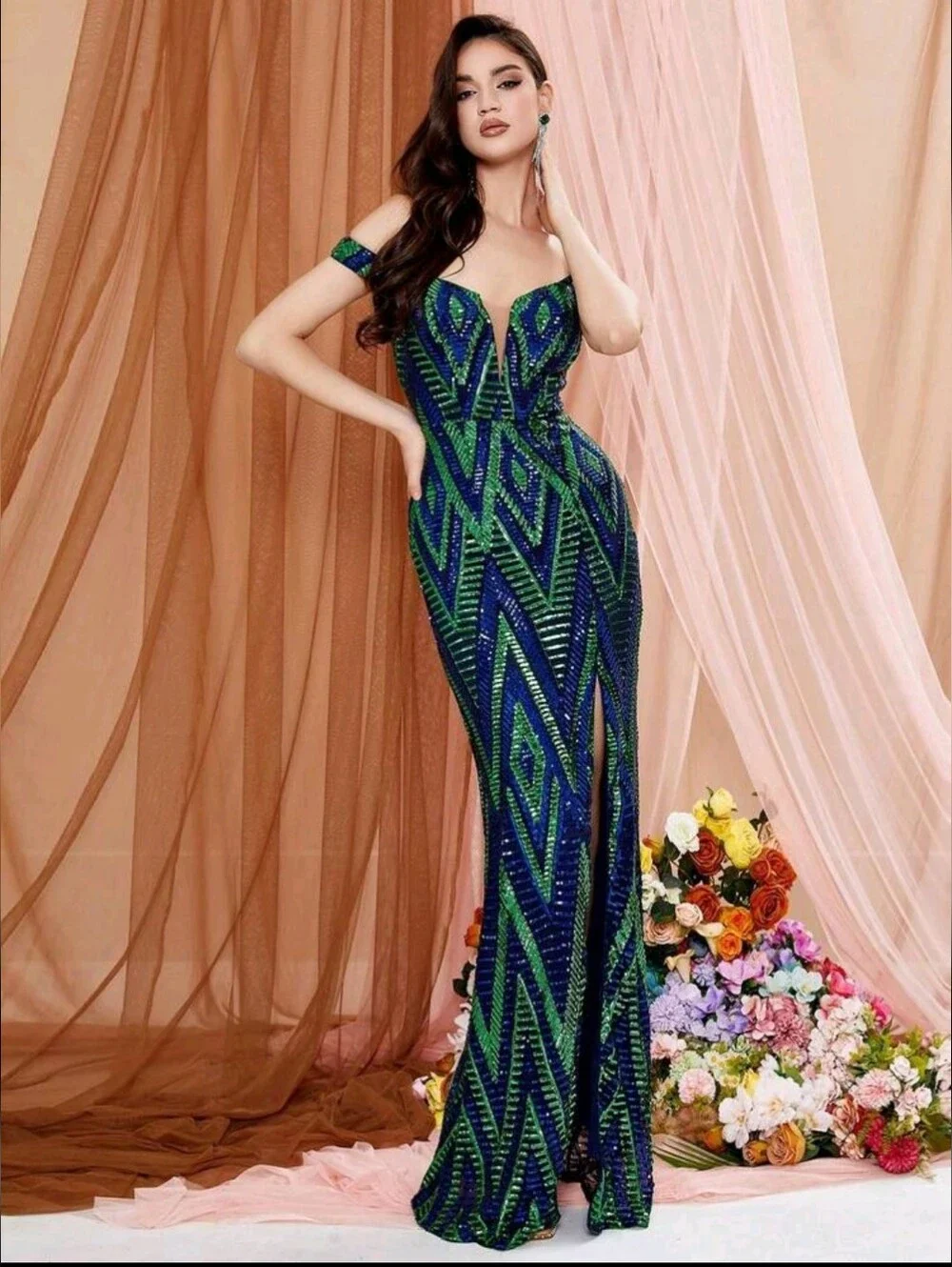 Off-Shoulder Navy and Green Sequin Evening Gown